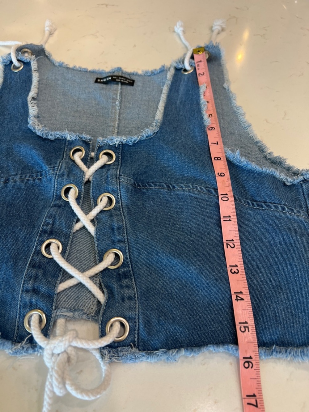 SHEIN Lace-Up Denim Crop Vest Grommet Shoulder Detail Raw Hem - Picture 7 of 7